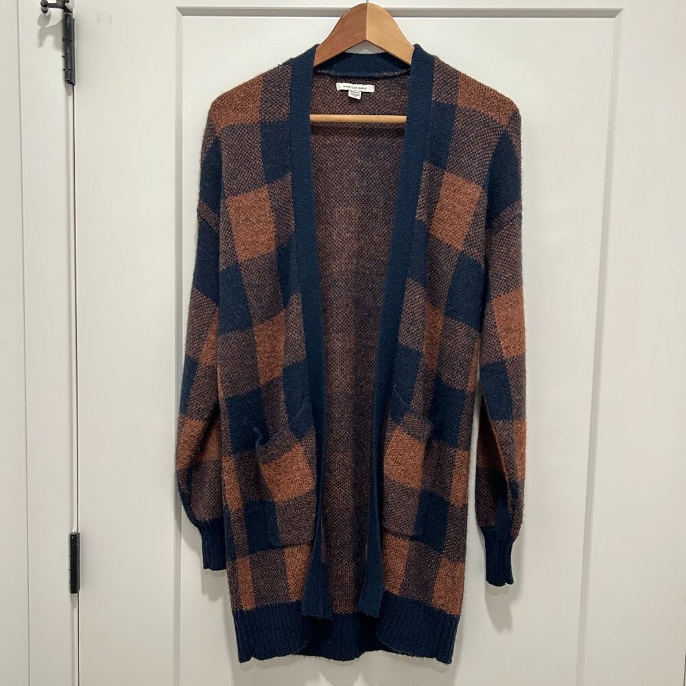 AMERICAN EAGLE rust & navy buffalo check cardigan sweater (S/M?)